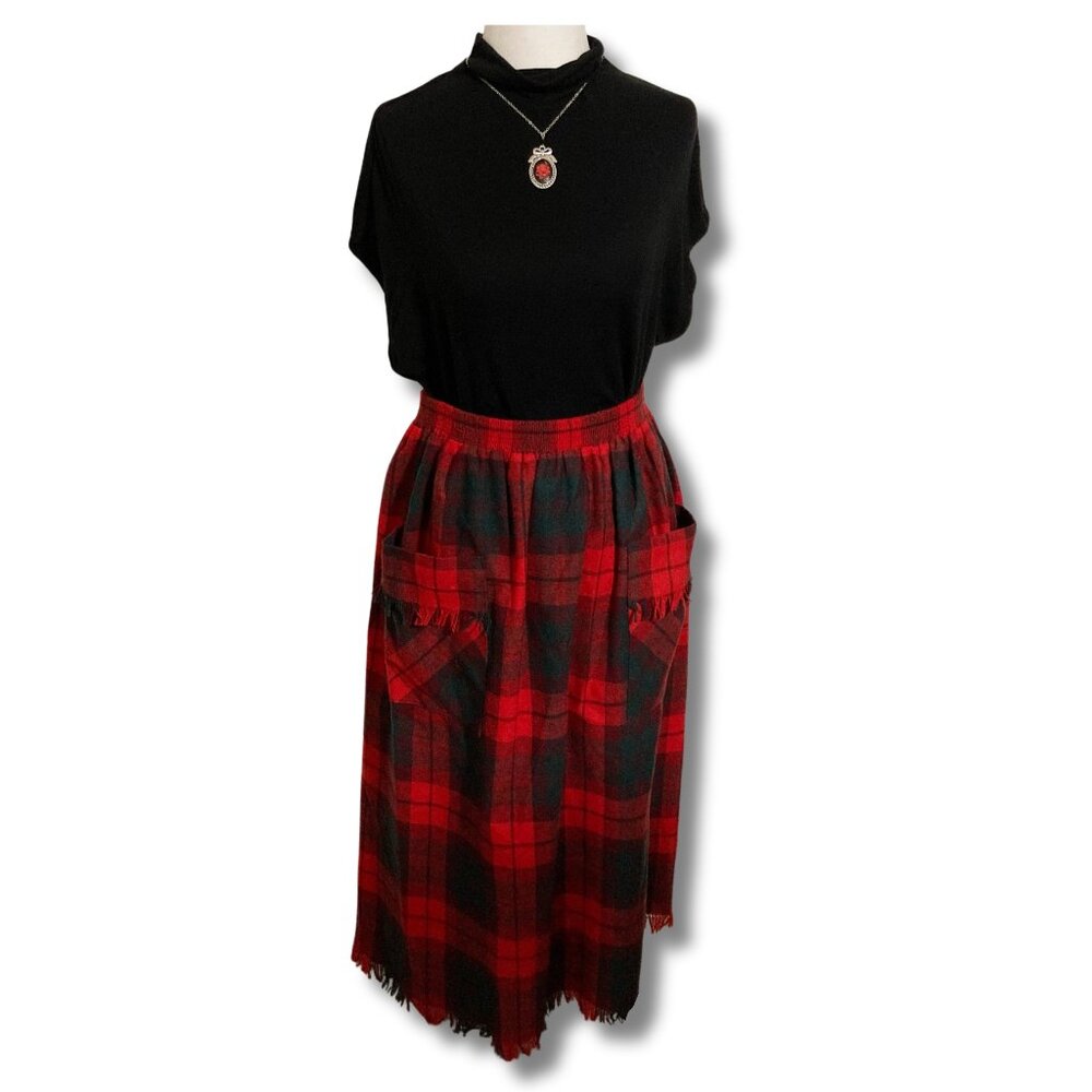 GRAFF SPORT Vintage red pine green plaid a-line skirt w/ pockets ~ SMALL MEDIUM - Picture 3 of 10